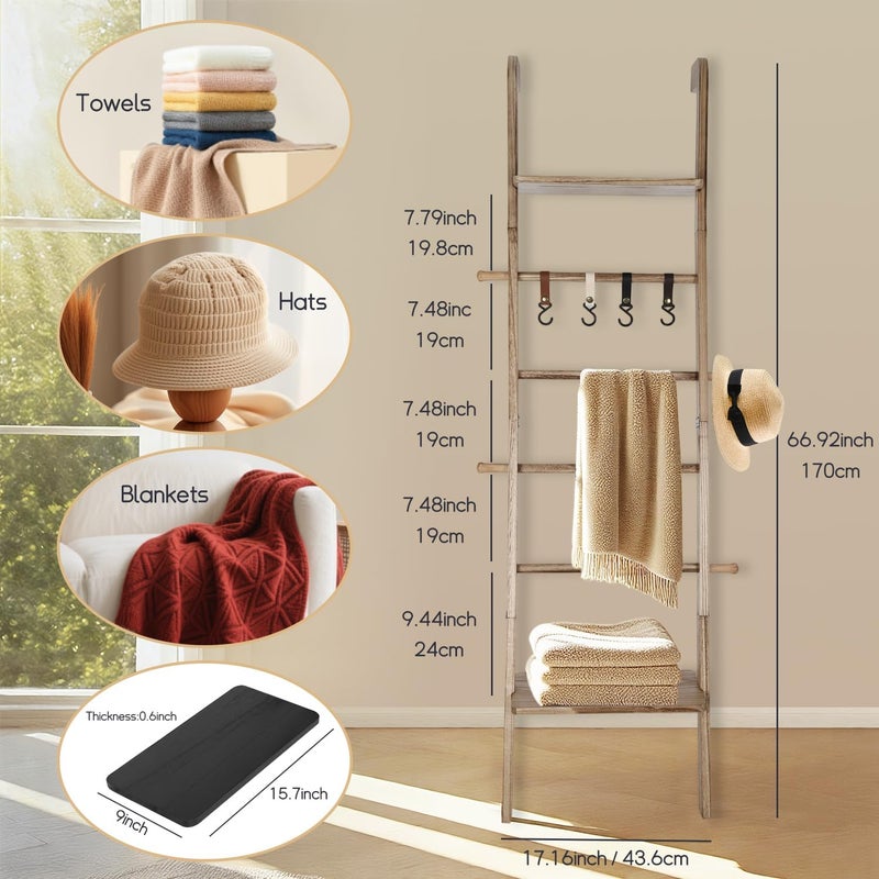 Fuairmee Wooden Ladder with Shelf for Room Decor, 6-Tier Decor Ladder with Non-Slip Mat & Hooks, Farmhouse Style Leaning Wall Display Holder - Image 4